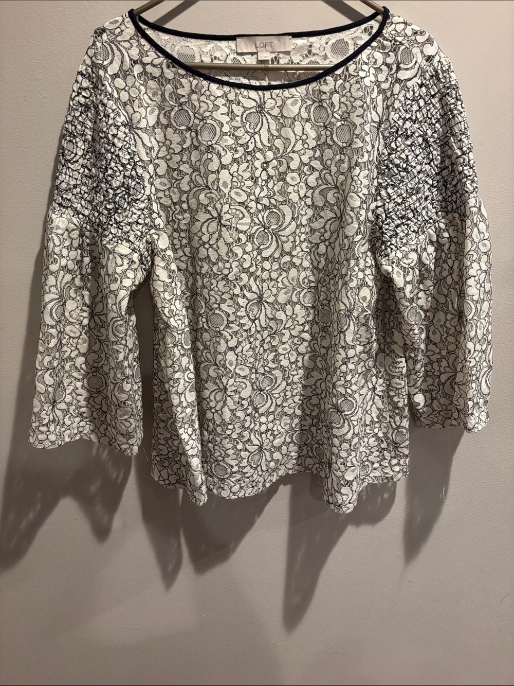 LOFT White and Black Lace-Effect Blouse with Smocked Sleeves